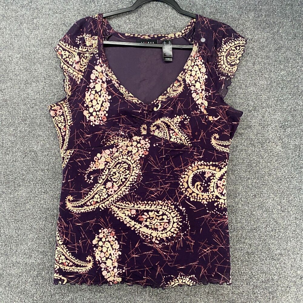 Axcess Y2K‎ Top Womens XL Purple Paisley V-Neck Babydoll Whimsigoth Fairy Grunge